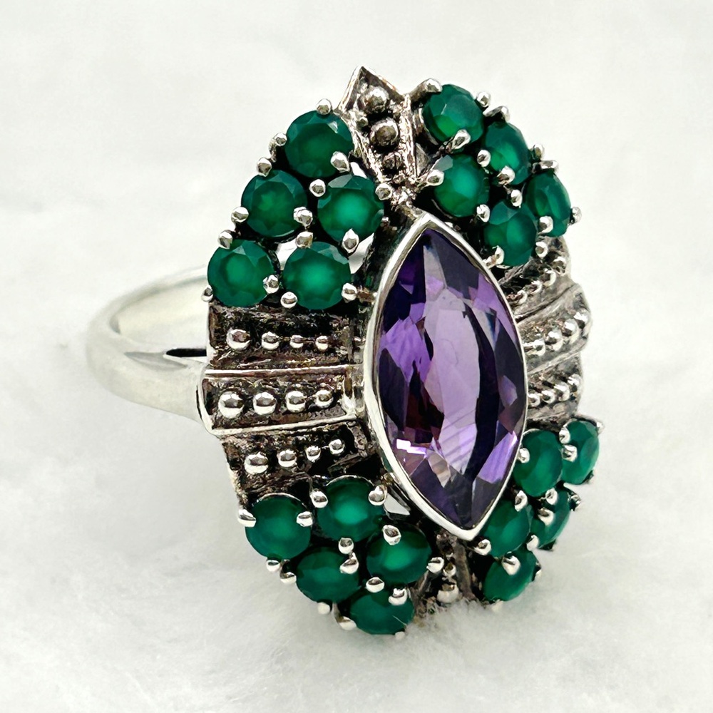 Nicky Butler 925 Sterling Silver Amethyst & Green Onyx Statement Ring (Size 10)